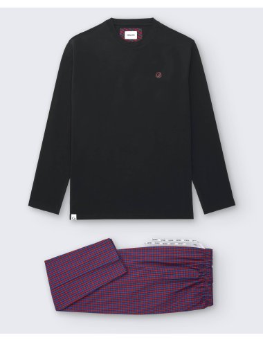Pijama largo de hombre con camiseta negra y pantalón a la plana de cuadros en azul y rojo - Pijama combinado Anet