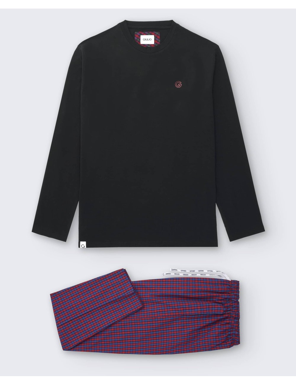 Pijama largo de hombre con camiseta negra y pantalón a la plana de cuadros en azul y rojo - Pijama combinado Anet Pijama largo de hombre con camiseta negra y pantalón a la plana de cuadros en azul y rojo - Pijama combinado Anet