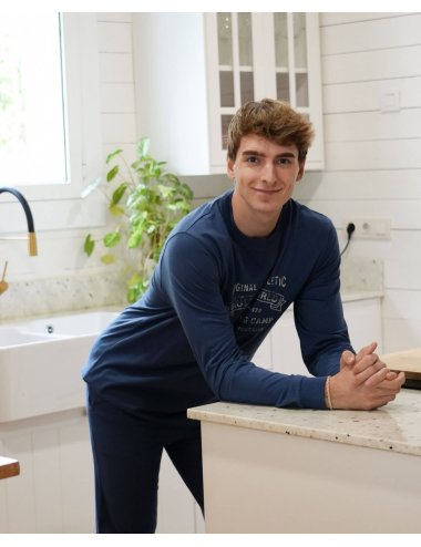 Pijama largo de punto hombre con camiseta azul y pantalón básico con puño en azul - Pijama de punto Nofan