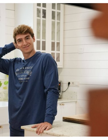 Pijama largo de punto hombre con camiseta azul y pantalón básico con puño en azul - Pijama de punto Nofan