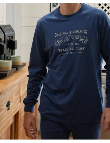 Pijama largo de punto hombre con camiseta azul y pantalón básico con puño en azul - Pijama de punto Nofan