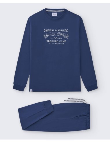 Pijama largo de punto hombre con camiseta azul y pantalón básico con puño en azul - Pijama de punto Nofan