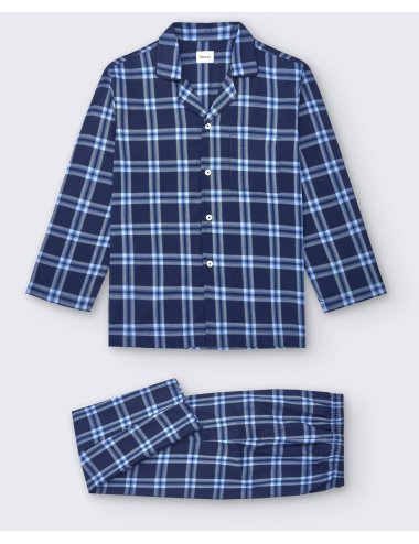 Men's elegant long pajamas with blue big checks - Giulio buttoned shirt collar pajamas set Terri