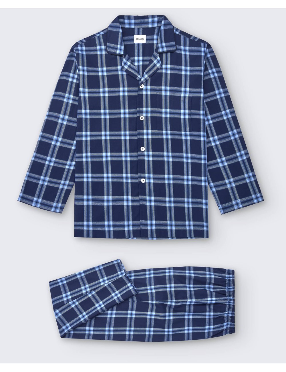 Men's elegant long pajamas with blue big checks - Giulio buttoned shirt collar pajamas set Terri Men's elegant long pajamas with blue big checks - Giulio buttoned shirt collar pajamas set Terri
