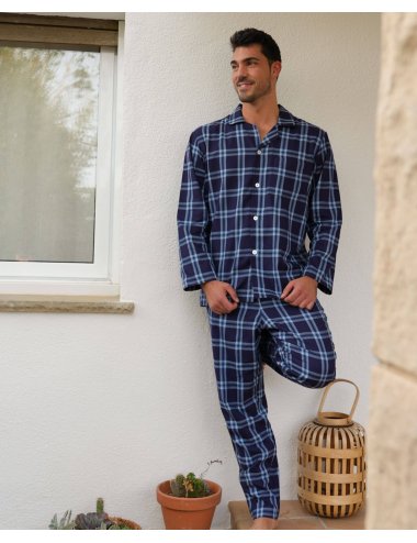 Men's elegant long pajamas with blue big checks - Giulio buttoned shirt collar pajamas set Terri