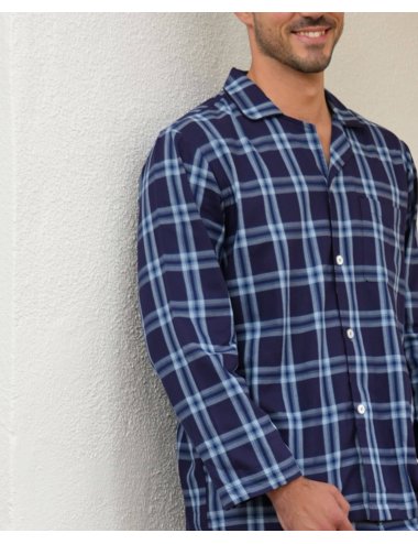 Men's elegant long pajamas with blue big checks - Giulio buttoned shirt collar pajamas set Terri