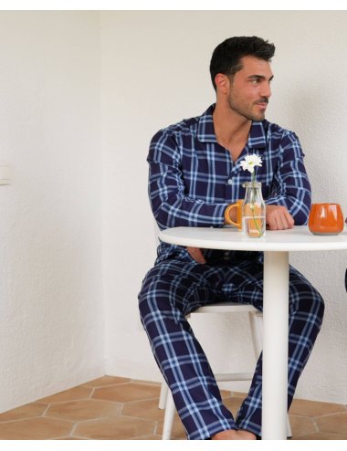 Men's elegant long pajamas with blue big checks - Giulio buttoned shirt collar pajamas set Terri