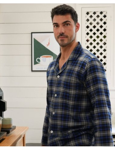 Pijama largo camisero de hombre de franela con cuadros azules y grises - Pijama camisero franela Aude