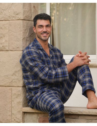 Pijama largo camisero de hombre de franela con cuadros azules y grises - Pijama camisero franela Aude