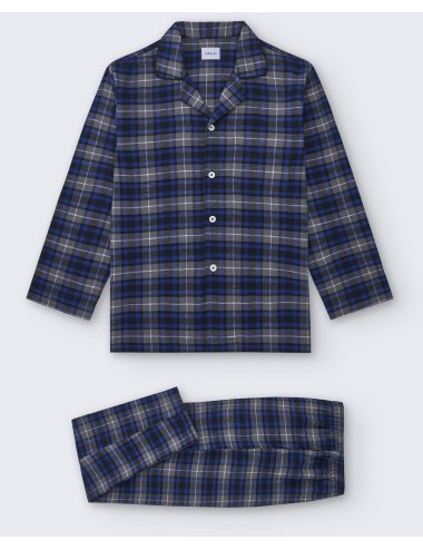 Pijama largo camisero de hombre de franela con cuadros azules y grises - Pijama camisero franela Aude