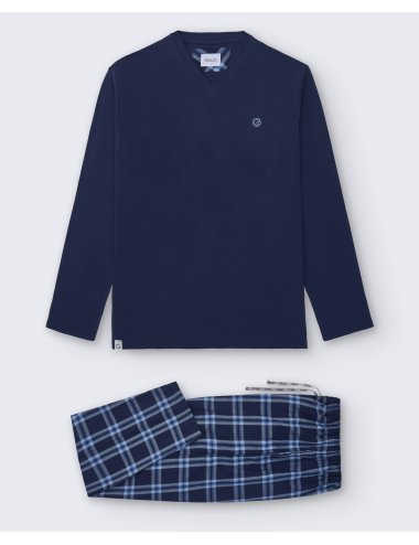 Pijama largo de hombre con camiseta azul marino y pantalón en viella de cuadros azules - Pijama combinado Terri
