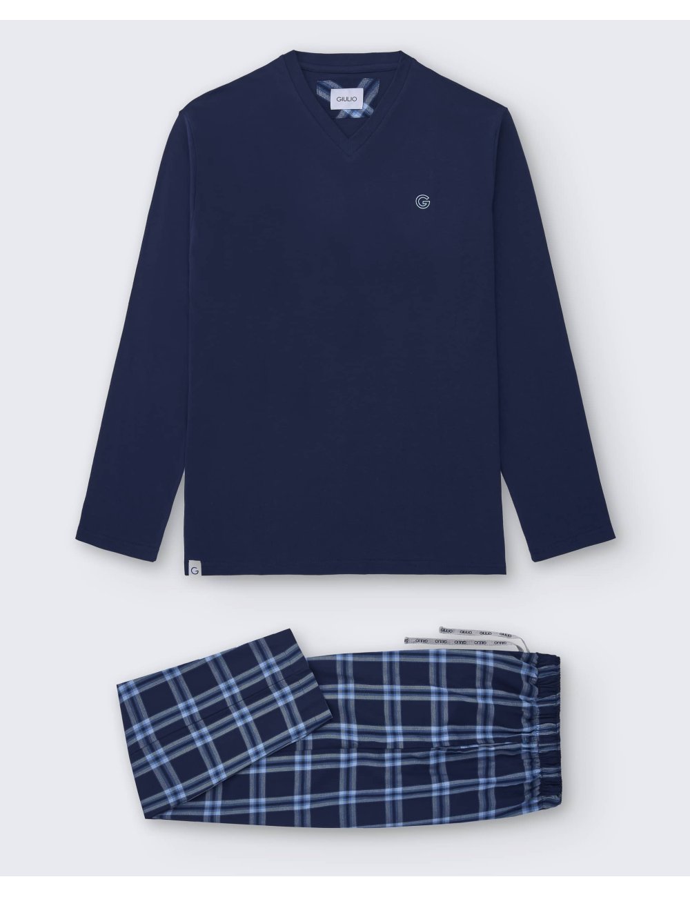 Pijama largo de hombre con camiseta azul marino y pantalón en viella de cuadros azules - Pijama combinado Terri Pijama largo de hombre con camiseta azul marino y pantalón en viella de cuadros azules - Pijama combinado Terri