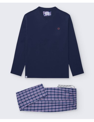 Pijama largo de hombre con camiseta azul marino y pantalón a la plana de cuadros en azul y rojo - Pijama combinado Bruc