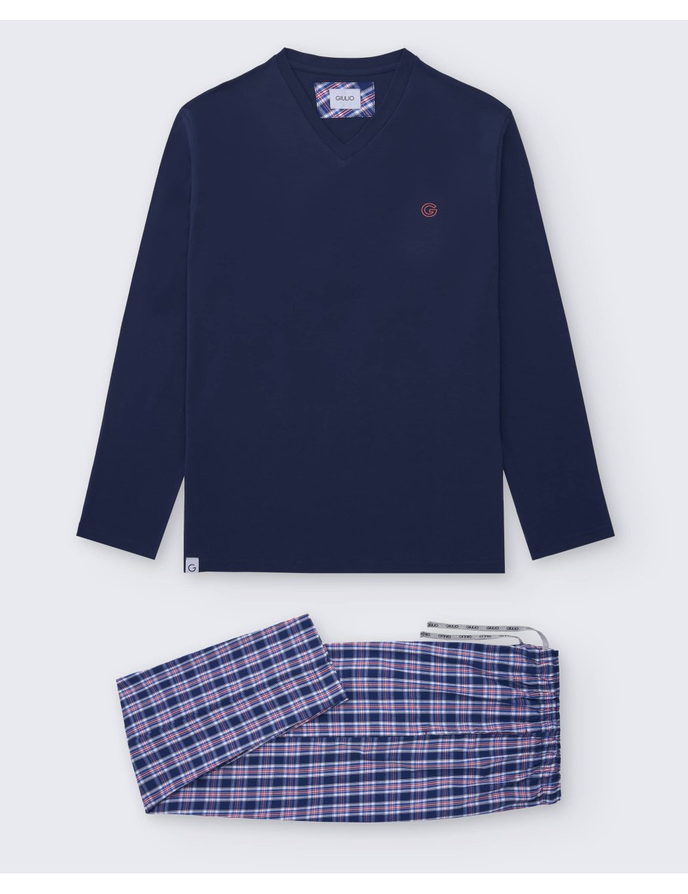 Pijama largo de hombre con camiseta azul marino y pantalón a la plana de cuadros en azul y rojo - Pijama combinado Bruc Pijama largo de hombre con camiseta azul marino y pantalón a la plana de cuadros en azul y rojo - Pijama combinado Bruc