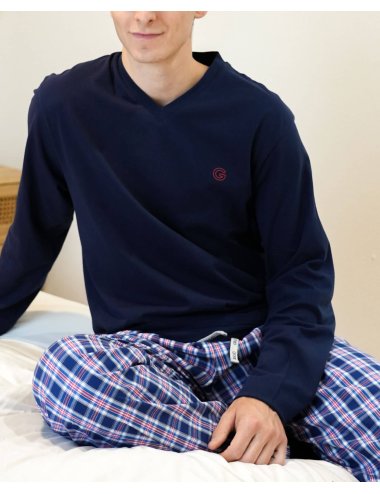 Men's elegant long pajamas in red and blue - Giulio combined pajamas set Bruc