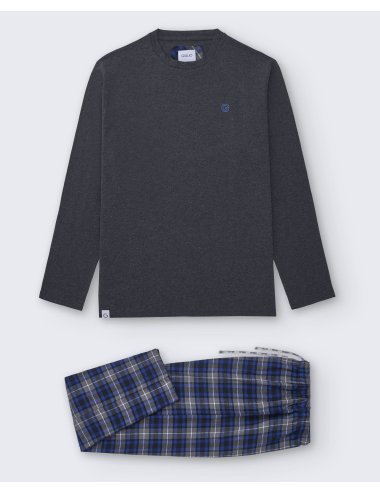 Pijama largo de hombre con camiseta gris oscuro y pantalón de franela de cuadros azules y grises - Pijama combinado Aude