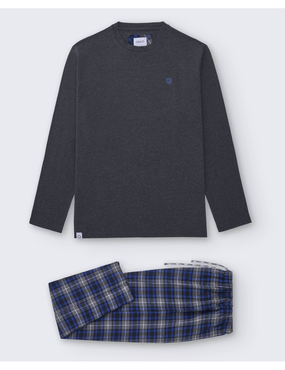 Pijama largo de hombre con camiseta gris oscuro y pantalón de franela de cuadros azules y grises - Pijama combinado Aude Pijama largo de hombre con camiseta gris oscuro y pantalón de franela de cuadros azules y grises - Pijama combinado Aude