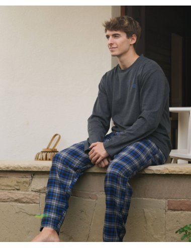 Men's elegant flannel checked long pajamas in blue tones - Giulio combined pajamas set Aude
