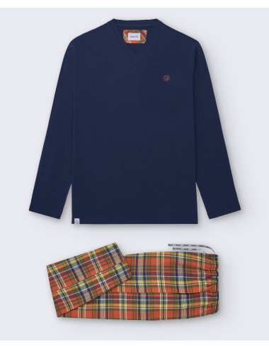 Pijama largo de hombre con camiseta azul oscuro y pantalón de franela de cuadros naranja y amarillo - Pijama combinado Batet