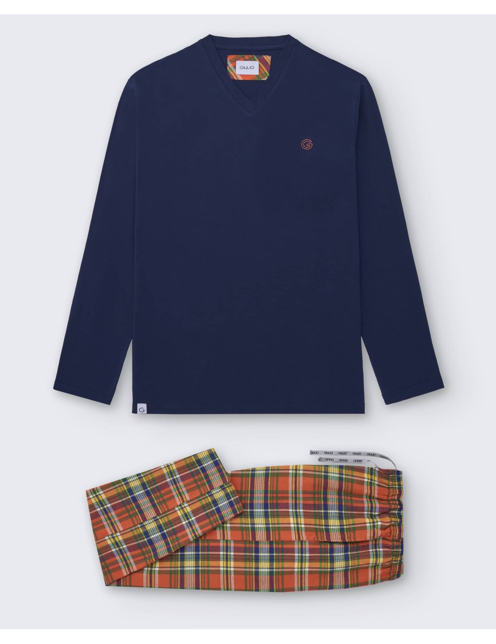 Pijama largo de hombre con camiseta azul oscuro y pantalón de franela de cuadros naranja y amarillo - Pijama combinado Batet Pijama largo de hombre con camiseta azul oscuro y pantalón de franela de cuadros naranja y amarillo - Pijama combinado Batet