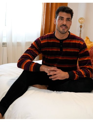Pijama largo de hombre de terciopelo con camiseta a rayas en tonos naranjas - Pijama de terciopelo Alaska
