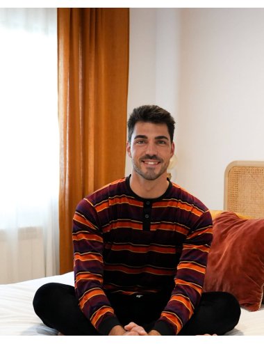 Men's elegant velvet stripped long pajamas in orange tones - Giulio pajamas set Alaska