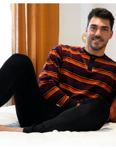 Men's elegant velvet stripped long pajamas in orange tones - Giulio pajamas set Alaska