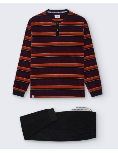 Pijama largo de hombre de terciopelo con camiseta a rayas en tonos naranjas - Pijama de terciopelo Alaska