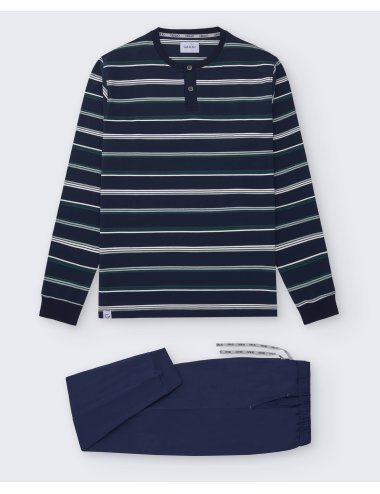 Pijama largo de punto hombre con camiseta rayas oscuras y pantalón básico con puño en azul - Pijama de punto Duku