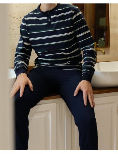 Pijama largo de punto hombre con camiseta rayas oscuras y pantalón básico con puño en azul - Pijama de punto Duku