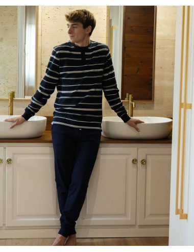 Pijama largo de punto hombre con camiseta rayas oscuras y pantalón básico con puño en azul - Pijama de punto Duku