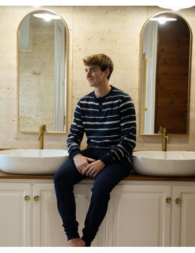 Pijama largo de punto hombre con camiseta rayas oscuras y pantalón básico con puño en azul - Pijama de punto Duku