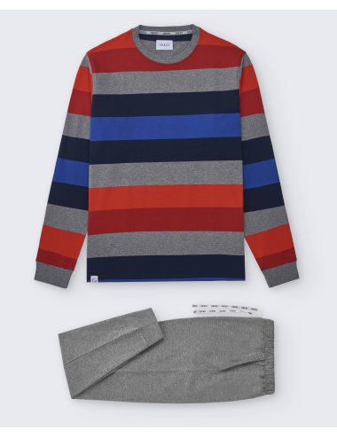 Pijama largo de punto hombre con camiseta a rayas y pantalón básico con puño en gris melange - Pijama de punto Krane