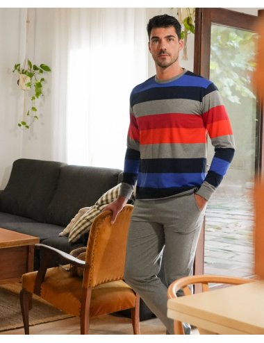 Pijama largo de punto hombre con camiseta a rayas y pantalón básico con puño en gris melange - Pijama de punto Krane