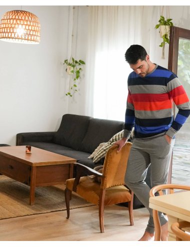 Pijama largo de punto hombre con camiseta a rayas y pantalón básico con puño en gris melange - Pijama de punto Krane
