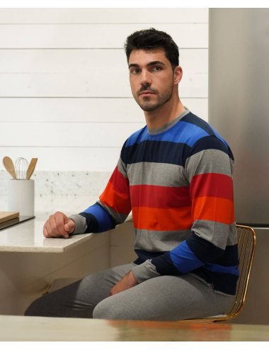 Pijama largo de punto hombre con camiseta a rayas y pantalón básico con puño en gris melange - Pijama de punto Krane