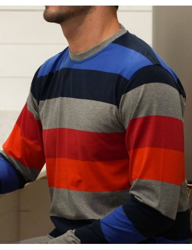 Pijama largo de punto hombre con camiseta a rayas y pantalón básico con puño en gris melange - Pijama de punto Krane