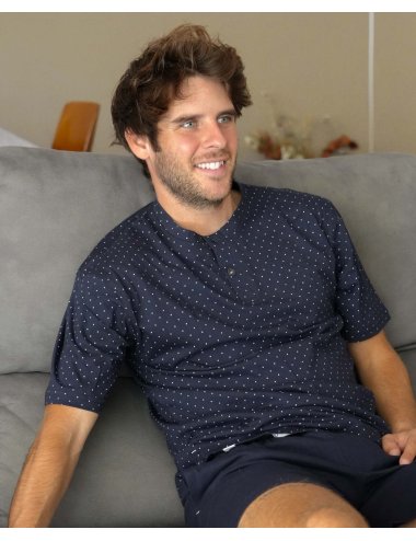 Men's Short Knit Pajama with Polka Dots in Navy Blue Giulio | Simplicity and Comfort | Savoy Pajama