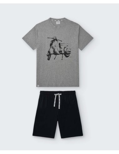 Pijama Corto de Punto para hombre con dibujo Moto en Gris y Negro Giulio | Modernidad y comodidad | Pijama Scooter