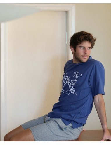 Pijama Corto de Punto para hombre con dibujo Batería en Azul Marino y Gris Giulio | Modernidad y comodidad | Pijama Drum