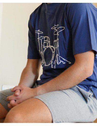 Pijama Corto de Punto para hombre con dibujo Batería en Azul Marino y Gris Giulio | Modernidad y comodidad | Pijama Drum