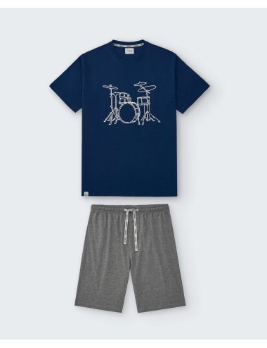 Pijama Corto de Punto para hombre con dibujo Batería en Azul Marino y Gris Giulio | Modernidad y comodidad | Pijama Drum