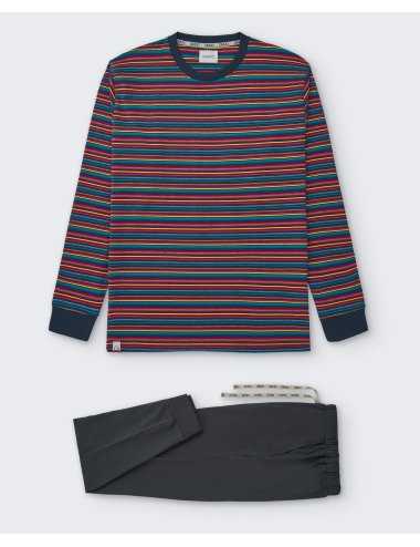 Pijama largo de punto estampado para hombre. Rayas multicolor | Giulio