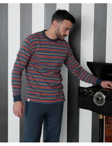 Pijama largo de punto estampado para hombre. Rayas multicolor | Giulio