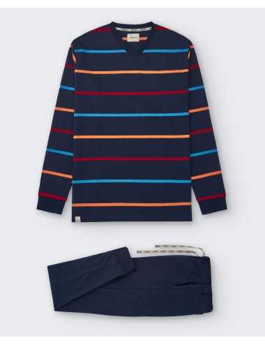 Pijama largo de punto estampado para hombre. De rayas en azul marino. Modelo Wilkin | Giulio
