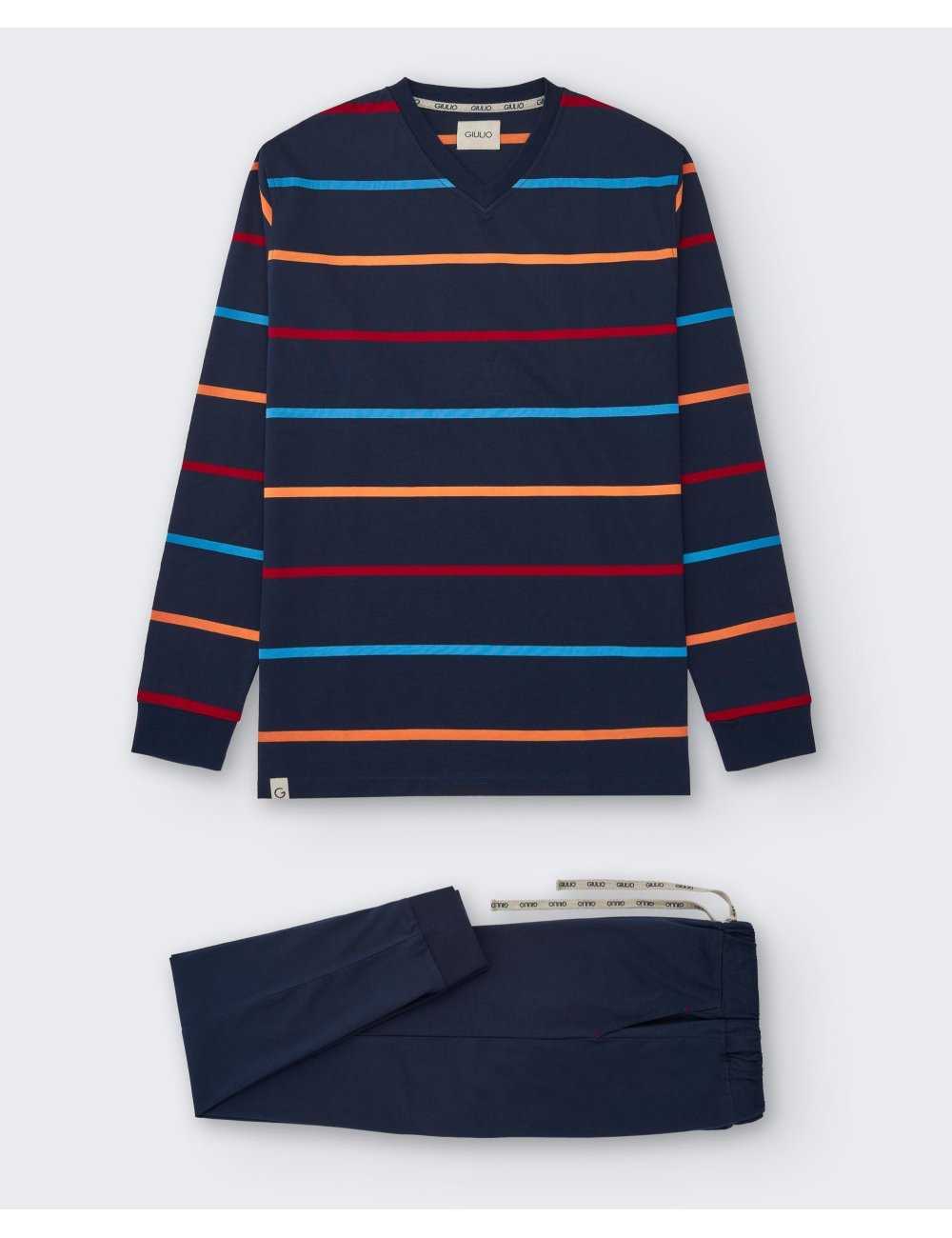 Pijama largo de punto estampado para hombre. De rayas en azul marino. Modelo Wilkin | Giulio Pijama largo de punto estampado para hombre. De rayas en azul marino. Modelo Wilkin | Giulio