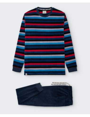 Pijama largo de terciopelo para hombre a rayas en tonos azules. 100% algodón | Giulio