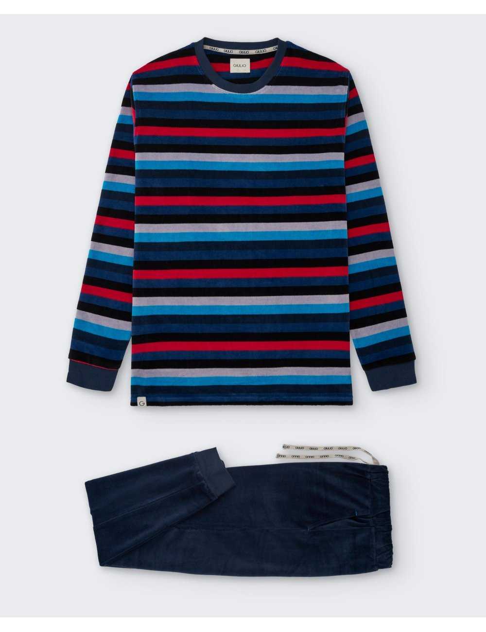 Pijama largo de terciopelo para hombre a rayas en tonos azules. 100% algodón | Giulio Pijama largo de terciopelo para hombre a rayas en tonos azules. 100% algodón | Giulio