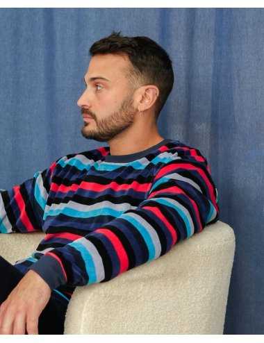 Pijama largo de terciopelo para hombre a rayas en tonos azules. 100% algodón | Giulio