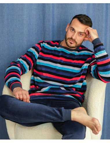 Pijama largo de terciopelo para hombre a rayas en tonos azules. 100% algodón | Giulio